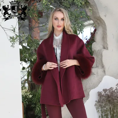 Janefur 2026 Women Latest Shoulder Strap Fur Trimmed Wine Red 100% Wool Coat Ladies Wool Coat with Fur
