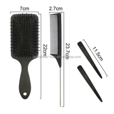 Private Label Customized Small Paddle Brush with Parting Comb Carbon Hair Clip Set