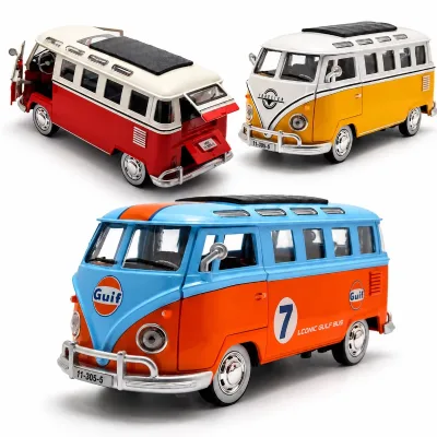 Wholesale 1:24 Diecast Classic T1 Retro Bus 5 Doors Metal Openable Door Pull-Back Camper Van Toy Light Sound