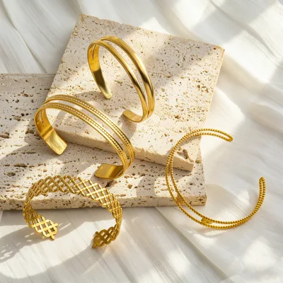 Wholesale 18k PVD Plated Open Cuff Bangle Hypoallergenic Double Layer Textured Woven Bracelet for Women Daily Stack Wear
