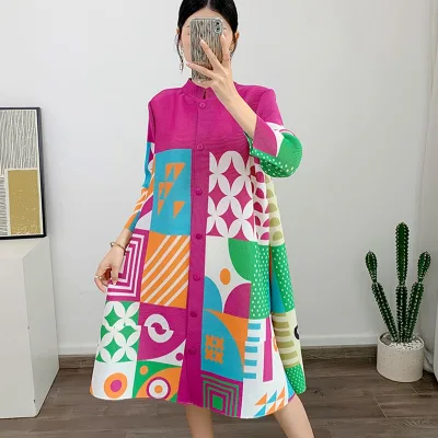 High Quality Geometric Printed Pleated Dress Women 2025 Spring Designer Plus Size Casual Single Breasted Natural Waistline ODM