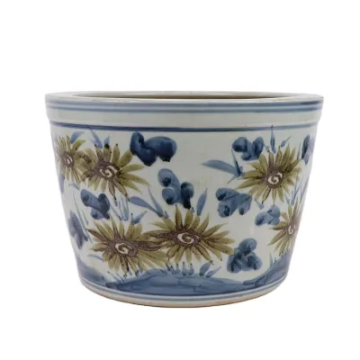 RZSX59-E Antique Hand-painted Blue Flower and Leaf Pattern Ceramic Flowerpot