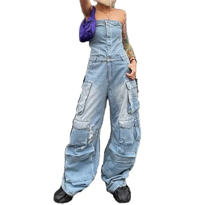 Women's Street Style Sleeveless Top Multi-pocket Denim Overalls Jumpsuit Women's Jumpsuits Playsuits