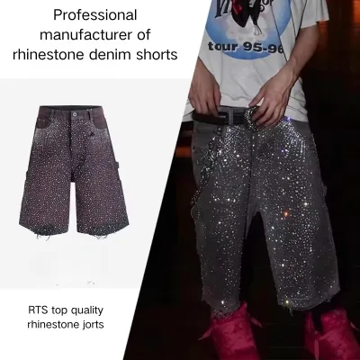 Men's Women's Vintage Summer Jorts Laser Full Diamond Cropped Jean Shorts Moustache Wash Cat's Whiskers Rhinestone Denim Shorts