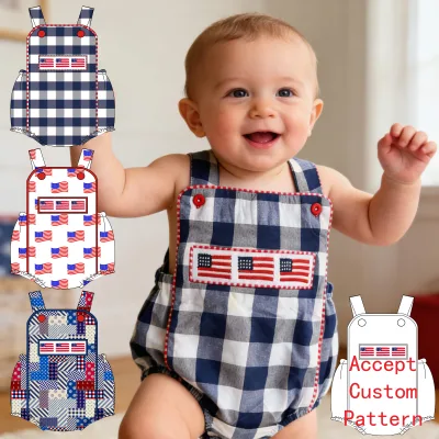 Yihui Baby Boys Toddler Children Bodysuit Embroidery Cotton Breathable Kids Hand Smocked American National Flag Plaid Print