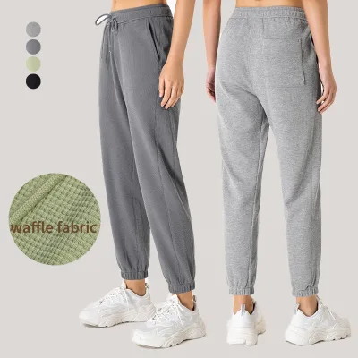 Women Waffle Knit Drawstring Casual Jogging Sweatpants Athletic Running Trousers Jogger Sweat Track Pants With Pockets