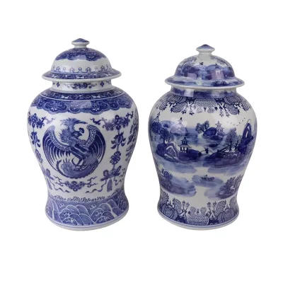 RZSI34-B-C Jingdezhen Blue and White  Wutong Scape Dragon and Phoenix Pattern Porcelain Lidded Temple Jar Flower Pot