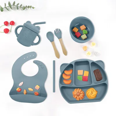 Babys Tableware Set Baby Food Bowl Divided Plate Sippy Cup Six Pieces Total; Shatter-Resistant Silica Gel Design