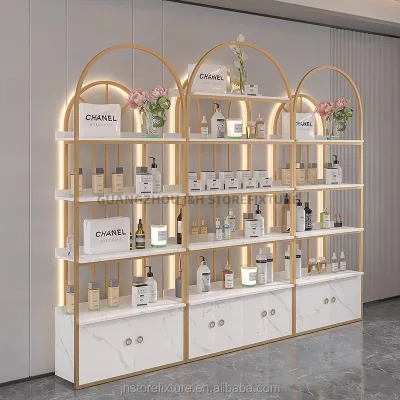 Cosmetic Store Gold Makeup Display Shelf with Led Light Three Tier Perfume showcase with Cabinet Custom logo