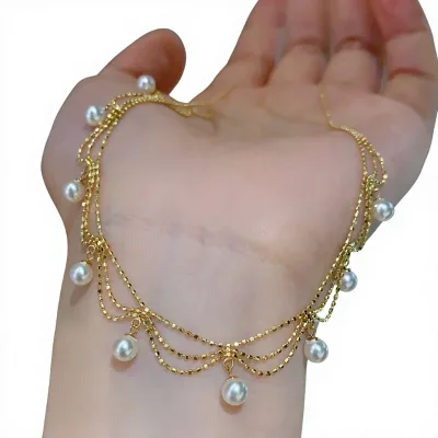 Ehao Jewelry 18K Gold Lace Pendant Necklace with Round White Pearls Ladies Elegant Clavicle Chain Commuter Concealer