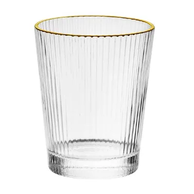 Gold - Rimmed Ribbed Glass Tumbler, Elegant Drinkware for Wine/Juice, Ideal for Home Bar, Gifting, Special Occasions.