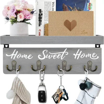 Solid Wood Wall-Mounted Key Holder 4 Double Hooks-Rustic Organizer for Keys & Mail Home Decor for Entryway/Living Room