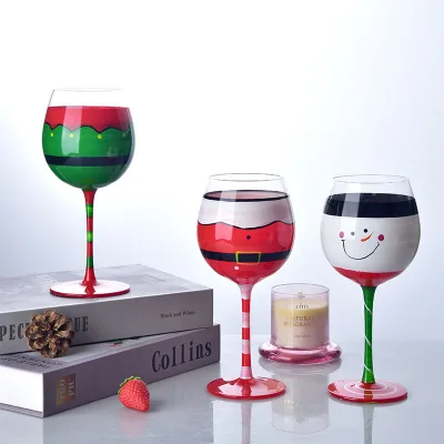 Christmas Wine Glasses 16.8 OZ Festive Santa Holiday Wineglass Gift Red Green and White Colored Painted Winter Glassware
