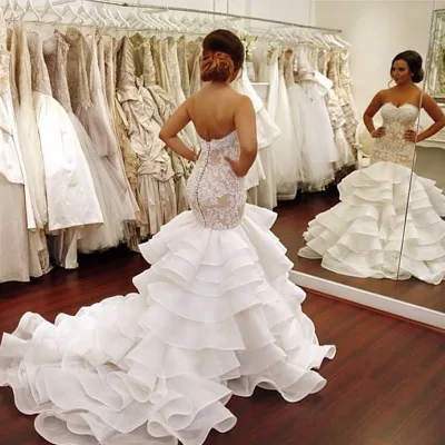 Very Sexy Bodycon Backless Real Arabic Mermaid Organza Wedding Dress