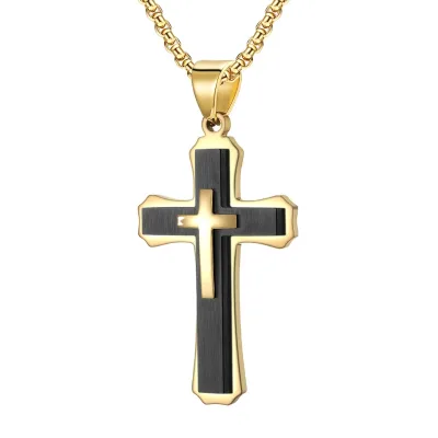 Double Layer Cross Pendant Stainless Steel Gold and Black Two Tone Plated Cross Christian Necklace Pendant