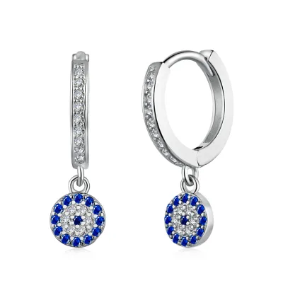 Dylam Hot Sale Blue Rhinestone Earring Sterling Silver Hoop Hanging Earing Crystal Cubic Zirconia Clip on Devil Eye Earrings