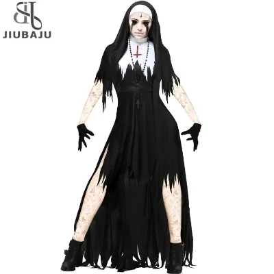 Nun Cosplay Halloween Costume Female Vampire Demon Cross Print Long Dress Party Costume