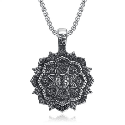 Vintage Mandala Lotus Flower Pendant Stainless Steel Tibetan Buddhism OM Spiritual Symbol India Mandala Flower Pendant