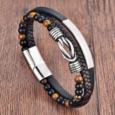 Men's Double-Layer Stainless Steel Natural Stone Woven Bracelet