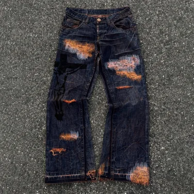 Custom Logo Men's Baggy Wide Leg Jeans Vintage Blue Denim Pants Y2K Streetwear Loose Fit Gothic Grunge Trousers