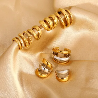 Waterproof Stainless Steel 18K PVD Gold Plated Ear Cuff Set Hypoallergenic Non Tarnish CZ Stackable Ear Buckle Clip on Earrings