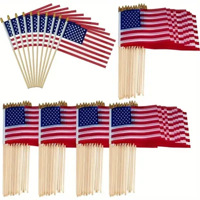 Factory Wholesale Custom Logo Size American Flag Wooden Pole Gold Pointed Flagpole Polyester Hand-held Flag