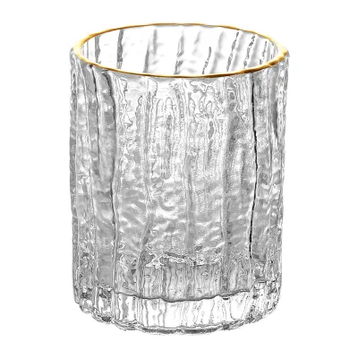 280ml Frosted bark surface transparent hot sale classic rock  whiskey Glass with gold rim  for bar