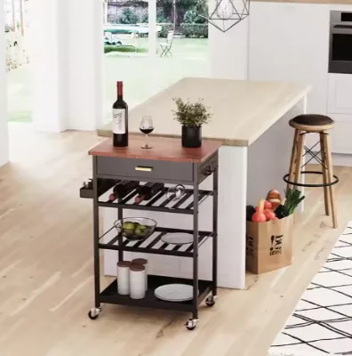Durable Eco-Friendly Kitchen Storage Wine Cart with Wood Top Food Serving Trolley Drawers Rolling Kitchen Island