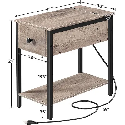 Modern Narrow Nightstand with Charging Station Drawer & USB Ports Extendable Design for Apartment Bedroom Use