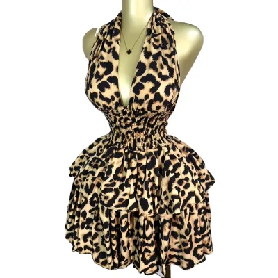 Early Summer New Sleeveless Halter Leopard Print Anti-Static Sweet Empire Waist-Cinching Ruched Puff Short Dress for Women