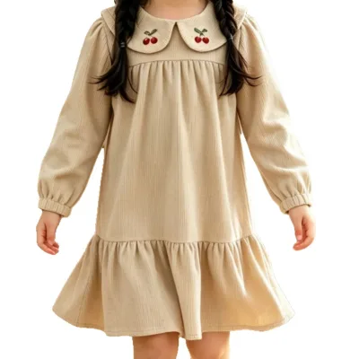 Little Girls Sweet Cherry-Embroidered Doll Collar Long Sleeve Corduroy Princess Dress Autumn/Winter Loose Ruffle-Trimmed