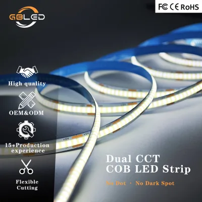 Dual White CCT COB LED Strip Light 12V 24V 608LEDs/M 2700K-6500K IP65 Waterproof Dimmable for Under Cabinet Bedroom Kitchen