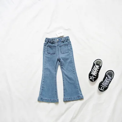 ANKRT Japanese-style Autumn/Winter Hong Kong-style Girls Stretchy Washed Denim Bell-Bottom Pants Elastic Waistband