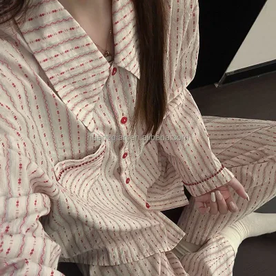 High Quality Women's French Style Pajamas Set Fashion Simple Striped Printed Breathable Cotton Nightshirts Loungewear