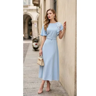 XXL Party Elegant Dress 2026 Summer Designer Fashion Women Beading Flower Deco Short Sleeve Luxury Blue Purple Dress Events