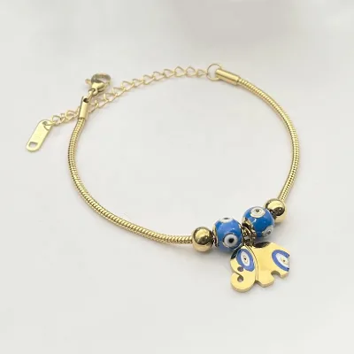 Jewelry Women Slide Gold Enamel Eye Elephant Charms Beads Snake Chain Bracelet