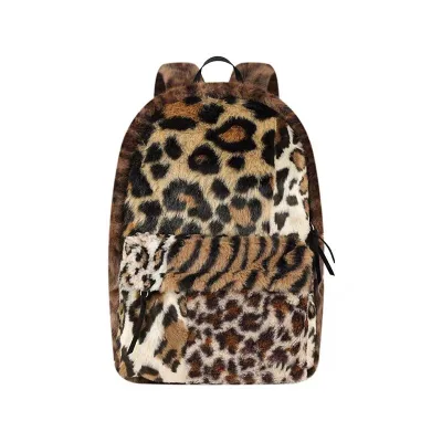 Women's Fashionable Anti-Theft Plush Leopard Print Patchwork Fluffy Backpack Faux Fur Backpack for Daily Use