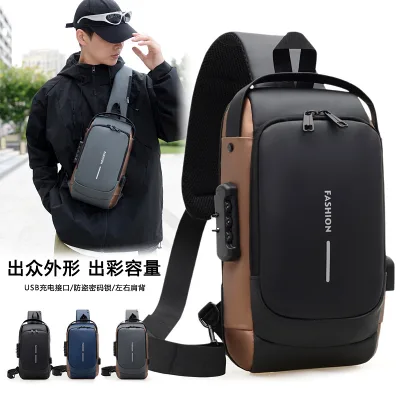 Cross-border Fashion Mens Business Elite Chest Bag Combination Lock Casual Shoulder Bag Featuring USB Charging Port;