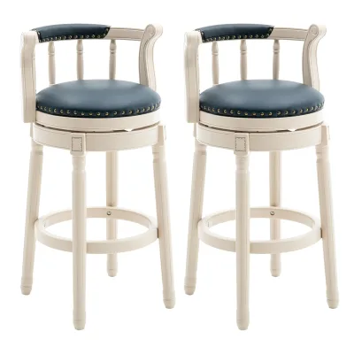 DDP Free Drop Cow Top Leather Wooden Bar Stools Restaurant High Barstools Ivory Wood Blue Seat bar Chairs for Dinning Room Hotel