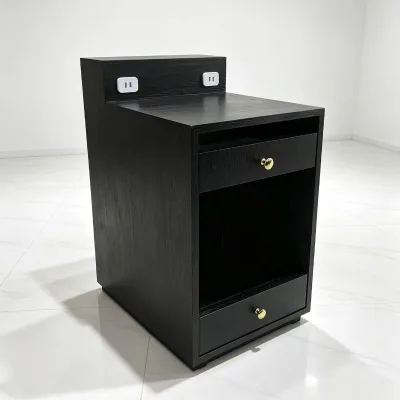 Black Wood-Grain Modern Salon Side Cabinet Built-in Power Socket Gold Knobs Drawer Open Storage Eco-Friendly Nail Salon