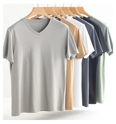 Low MOQ Men's Mercerized Cotton Crew Neck T-Shirt Short Sleeve Loose Casual Mulberry Silk V-Neck Unisex Tees