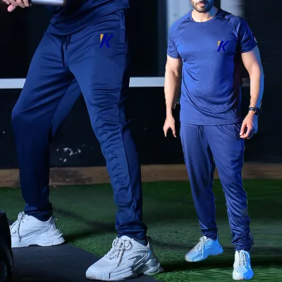 Wholesale Customized Comfortable Breathable Blue Pattern Polyester Sweat and Moisture-Wicking T Shirt Man Gym Fitness Sets