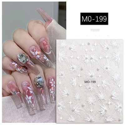 Custom Logo 5D White Flowers Nail Art Decals 3D Style Plastic Sticker with Pearl Popular Decoration for DIY Flower