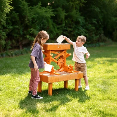 Outdoor Wooden Kids Water and Sand Play Table with Water Wheels, Multi-Level Sensory Activity Station for Backyard Playground