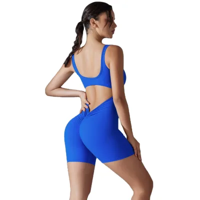 Double-sided Nylon Nude High Elastic Solid Color Jumpsuit Peach Buttocks V Waist Tight Bodysuit Shorts
