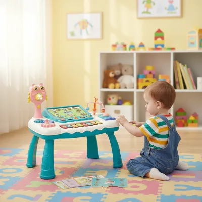 Baby Multi-functional Bilingual Learning Puzzle Game Table for Kids Early Education with Sound and Light Projection Table