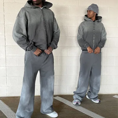 Hoodie Manufacture Cotton Acid Wash Hoodie Sweatpants Set Full Zip 500gsm Oversized Heavyweight Rhinestone Print Autumn