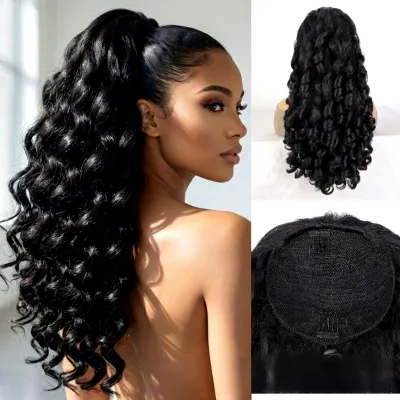 European American Womens Drawstring Clip in Yaki Ponytail Short Fluffy Curly Hair Synthetic High Temperature Fiber Extension Wig