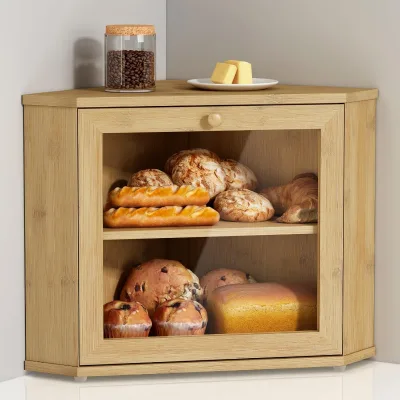 Double Layer Storage Box Large Capacity Cabinet Bamboo Bread Box with Acrylic Door for Home Kitchen Storage Box
