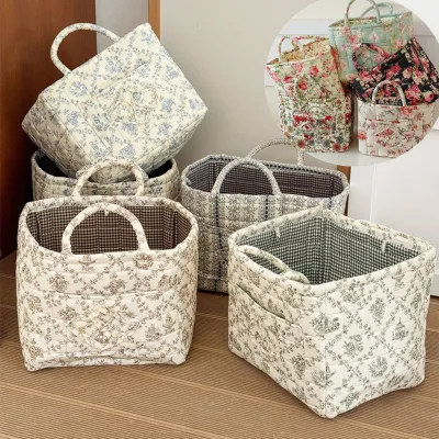 Fabric Large Capacity Storage Baskets Floral with Handle Portable Foldable Decorative Storage Bag for Organizing Sundries